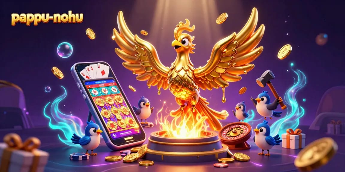 Pappu-nohu's captivating online gaming scene with a golden phoenix and vibrant slot elements.