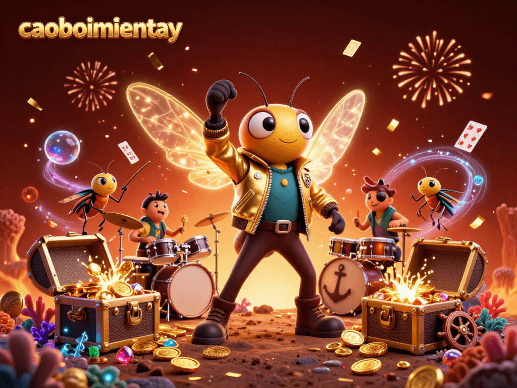Capture the excitement of caoboimientay with vibrant 3D cartoon characters celebrating amidst treasure and confetti.