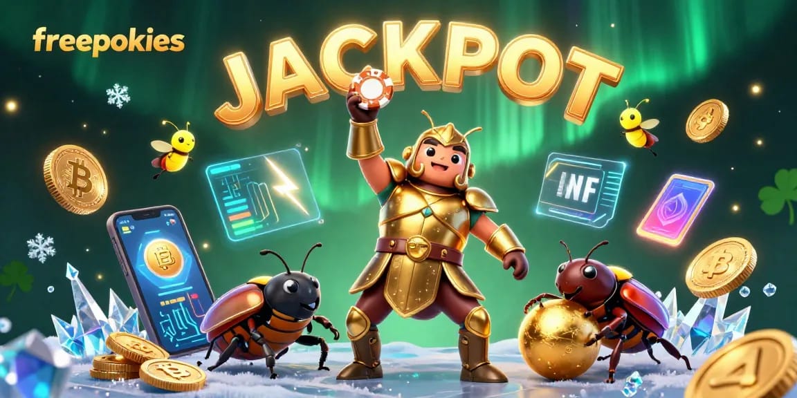 Experience the thrill of freepokies with a victorious hercules beetle in a vibrant casino scene.