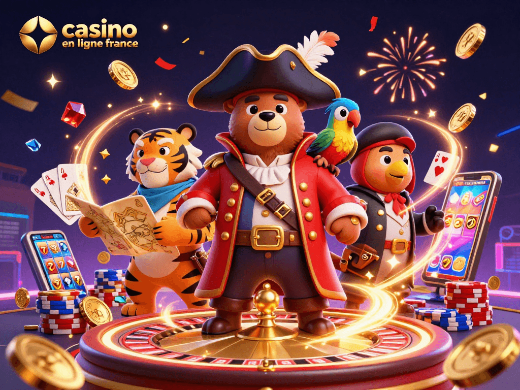 Plongez dans l'aventure avec notre illustration animée du casino en ligne France, mettant en avant un ours pirate et un tigre!