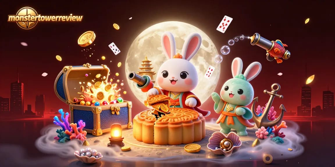 Engage in thrilling gameplay with monstertowerreview as the moon rabbit reveals poker chip treasures amidst a vibrant casino scene.