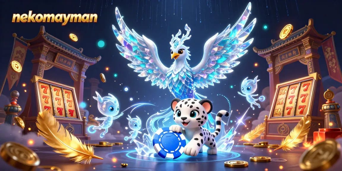 Players interact with nekomayman, witnessing the ice phoenix alongside gaming elements bursting with excitement.