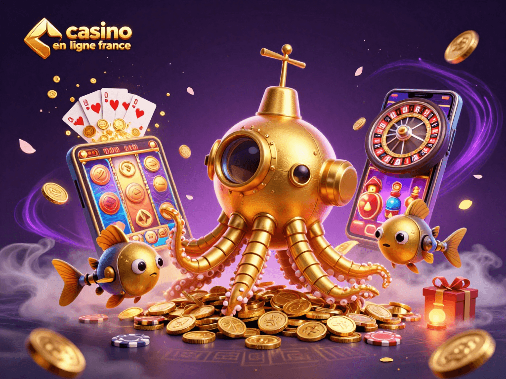 Jouez au casino en ligne france avec un kraken en or et des jeux de casino colorés.