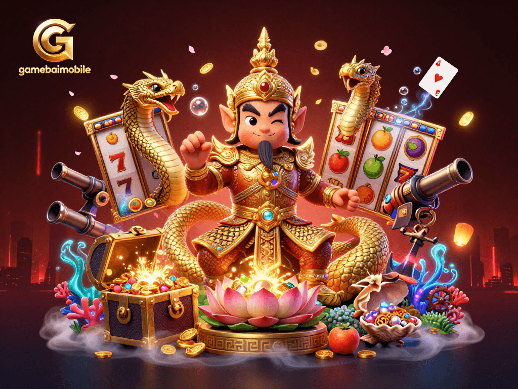 Experience the vibrant gaming scene at gamebaimobile featuring a lively Thai guardian with slot visuals.