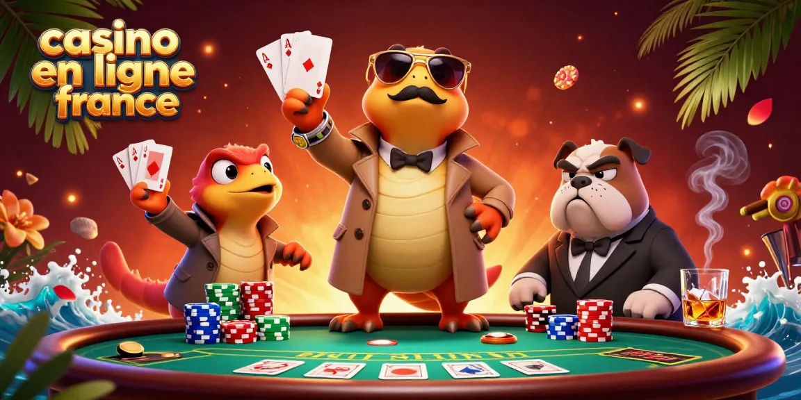 Rendez-vous au casino en ligne France avec des raptors en trench coat et un bulldog|Vue colorée et dynamique.