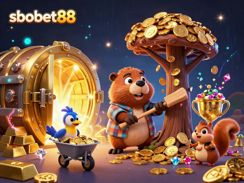 Experience the thrill of sbobet88 as characters collect golden coins in a vibrant and engaging casino setting.