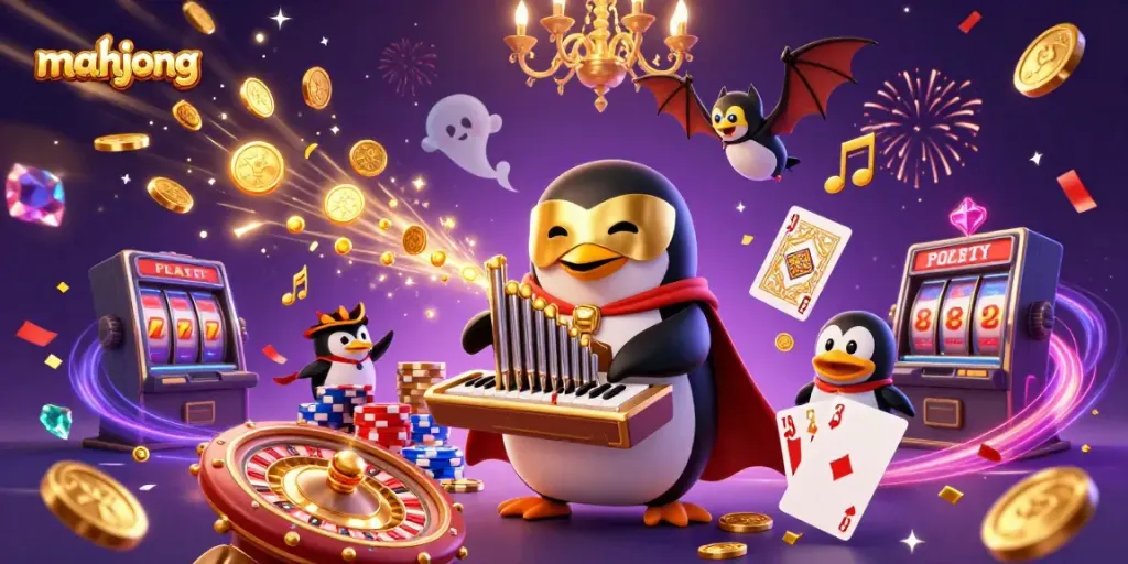 Engage in an exhilarating mahjong game with dazzling golden coins and dynamic characters at a vibrant casino.
