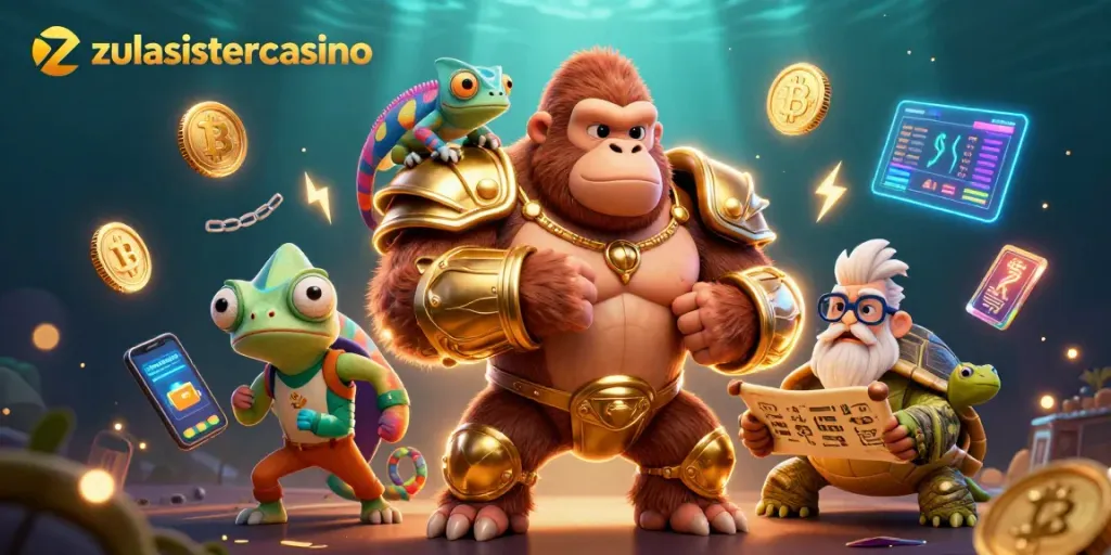 Experience the excitement at zulasistercasino with a vibrant illustration showcasing gaming elements and characters.