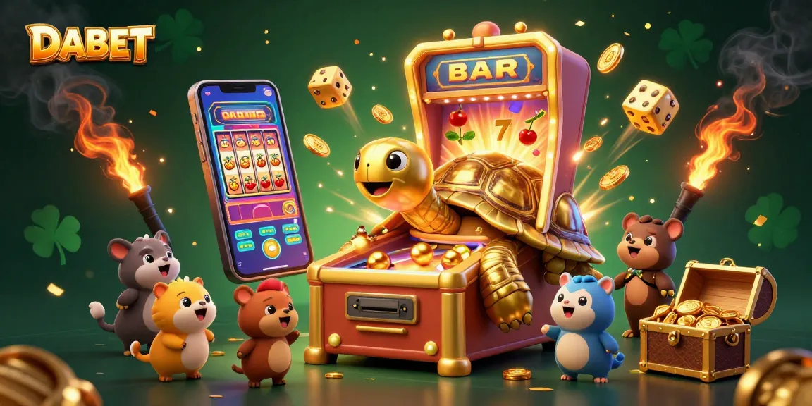 DABET brings excitement with a grand slot machine jackpot explosion and a playful tortoise pinball machine.