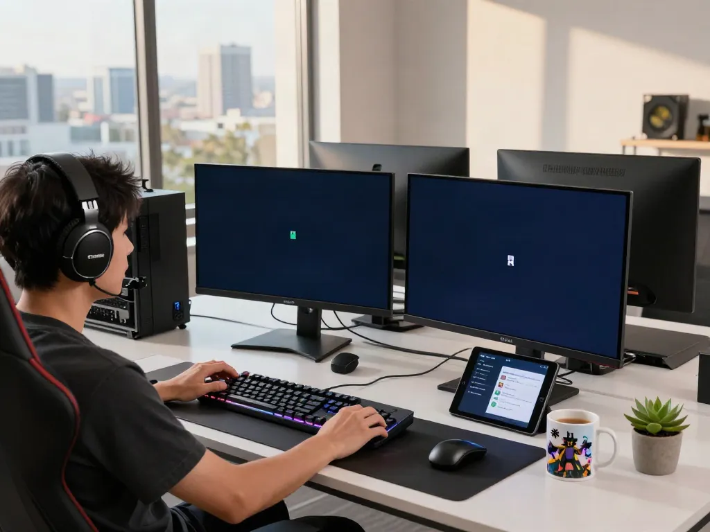 G15Tools workspace with gamer using multiple monitors and high-tech gadgets in a modern office environment.