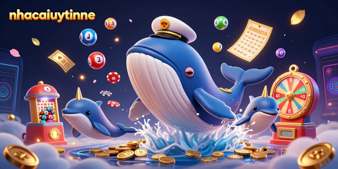 Win big with nhacaiuytinne as a giant whale greets a sea of coins, lively lottery elements, and interactive casino fun.
