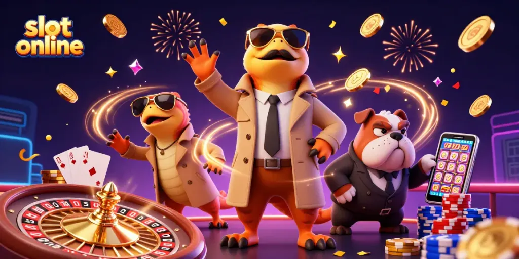 Engage in exhilarating slot online games with dynamic visuals and animated characters entering a VIP lounge.