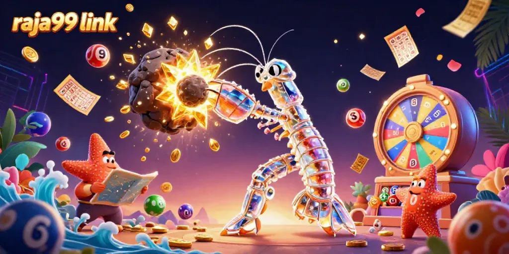 Experience the excitement of winning at raja99 link with vibrant lottery elements and dynamic 3D characters.