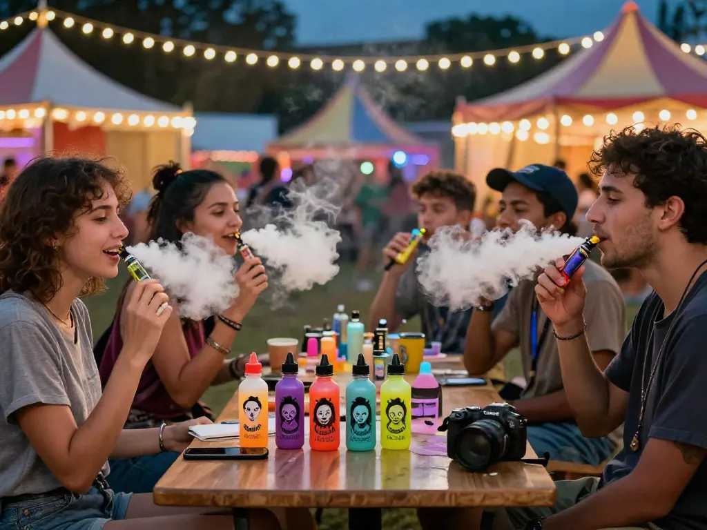 Group of friends enjoying clown vape juice in a carnival-themed setting.