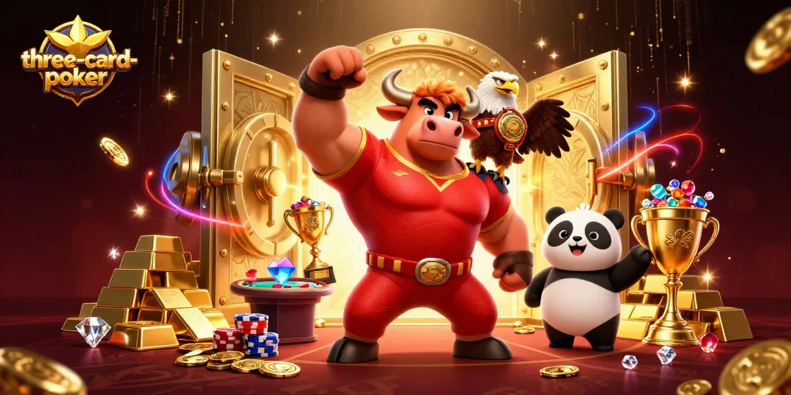 Experience three-card-poker excitement with a victorious bull, eagle, and panda amidst golden riches.
