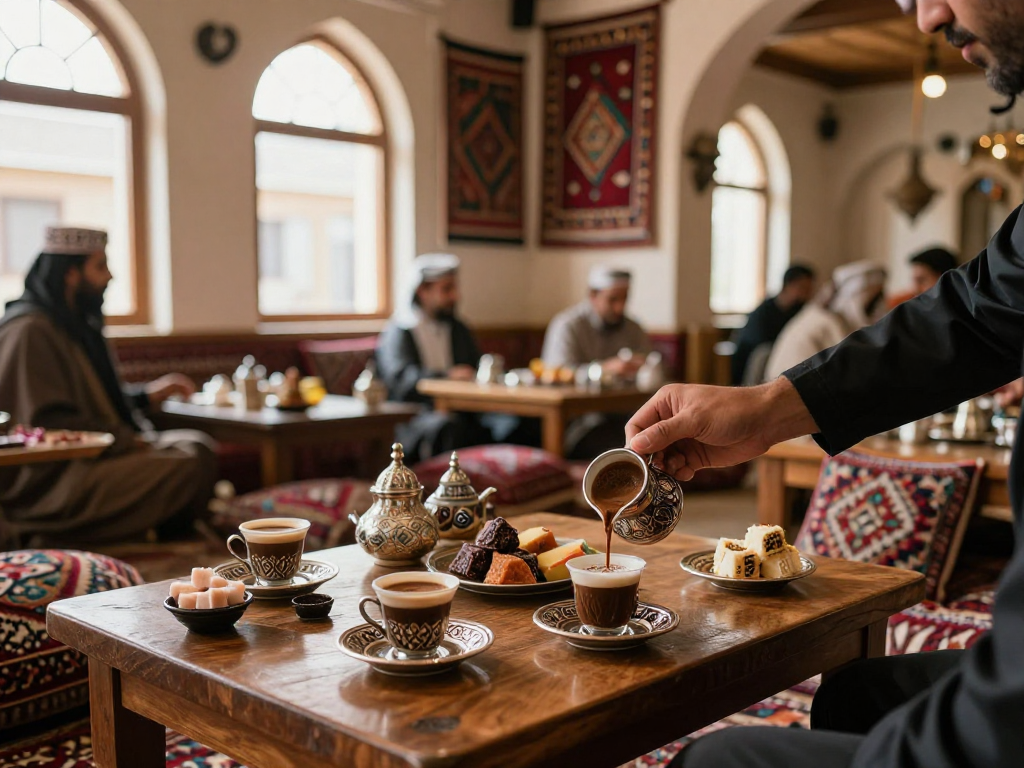قهوجيين وصبابين يقومون بتقديم القهوة العربية في مقهى تقليدي مع أجواء دافئة وجميلة.
