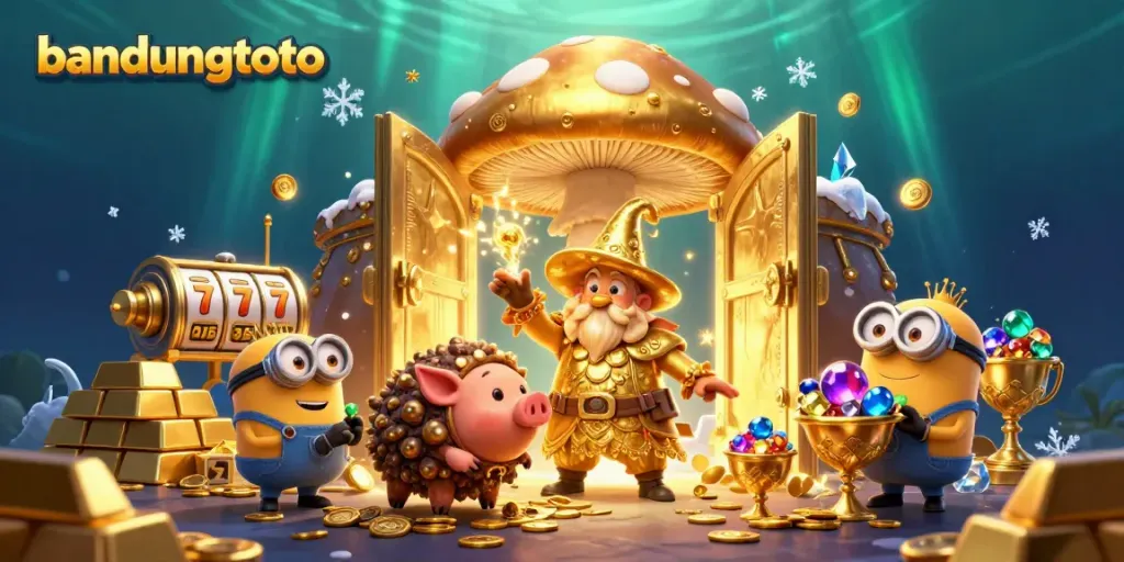 Players winning big at bandungtoto with magical treasures, slot reels, and a whimsical wizard