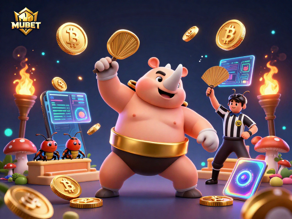 MUBET showcases a dynamic 3D casino scene featuring a beetle champion and crypto elements for thrilling gameplay.