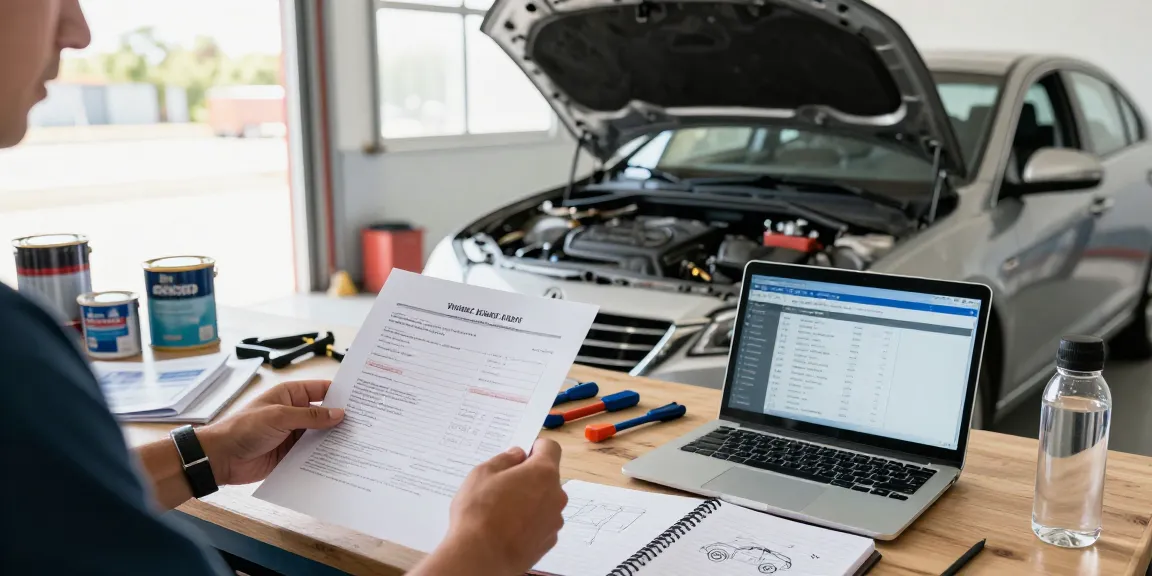 Inspecting a used car's engine with a vehicle history report in a bright garage.
