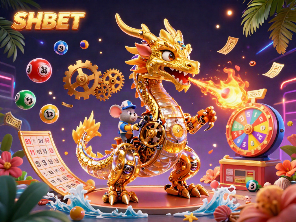 Experience the thrill of SHBET casino games with a vibrant illustration depicting exciting lottery elements and a golden dragon.