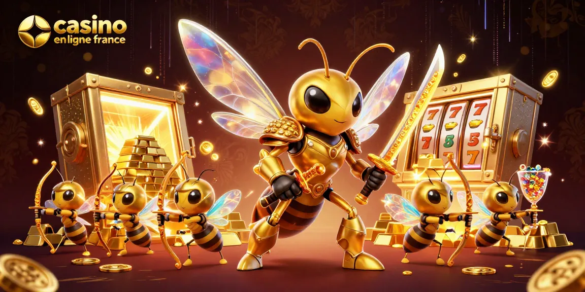 Illustration d’un casino en ligne France avec un énorme frelon en armure et des personnages dynamiques entourés d'éléments de jeu.