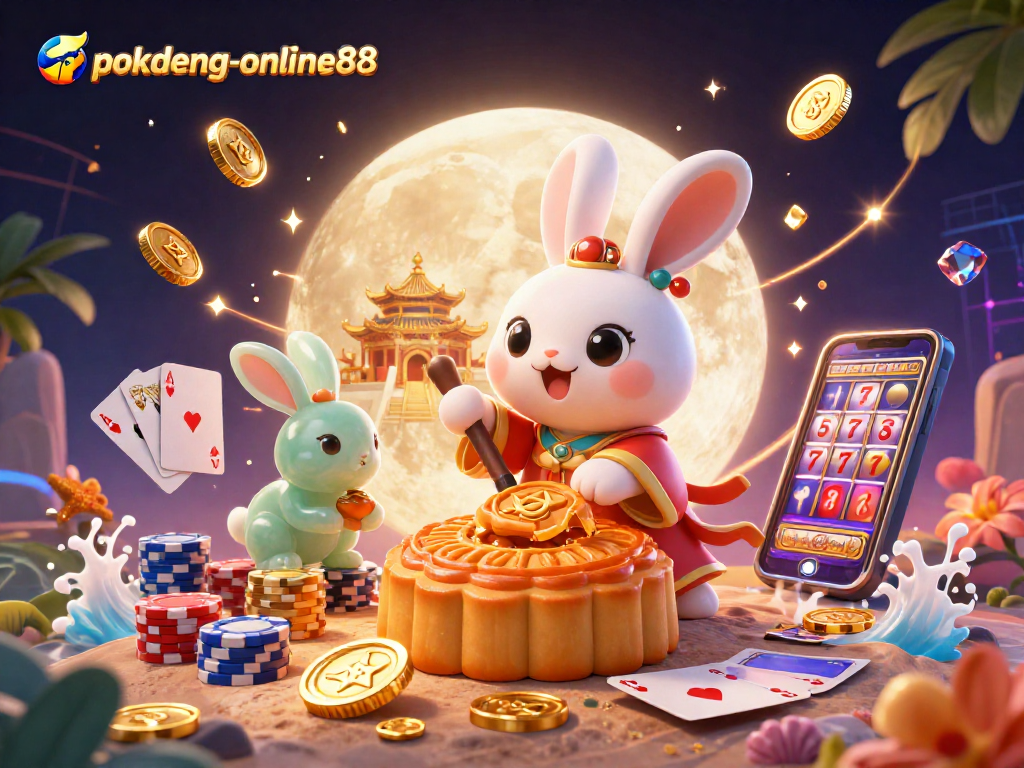 Experience excitement at pokdeng-online88 with a vibrant 3D casino scene featuring traditional folklore elements and poker action.