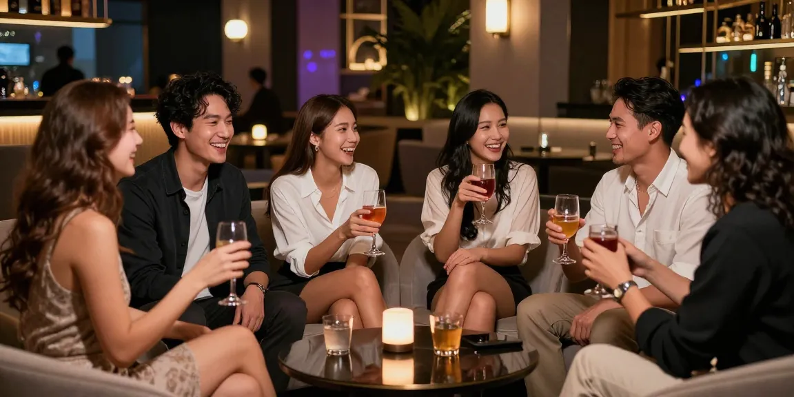 Friends enjoying vibrant nightlife at an 오피사이트 lounge, showcasing safe entertainment.