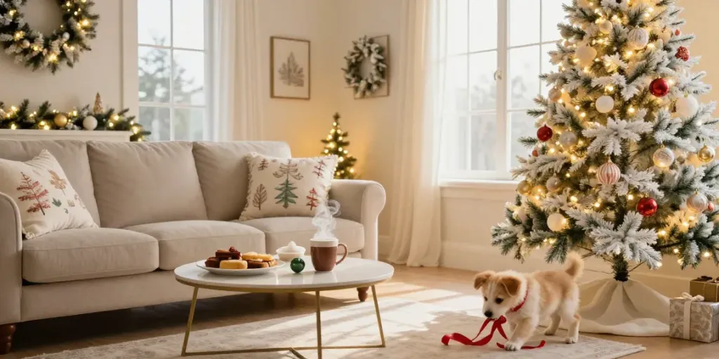 Charming living room decorated with an artificial white xmas tree illuminated with warm lights.