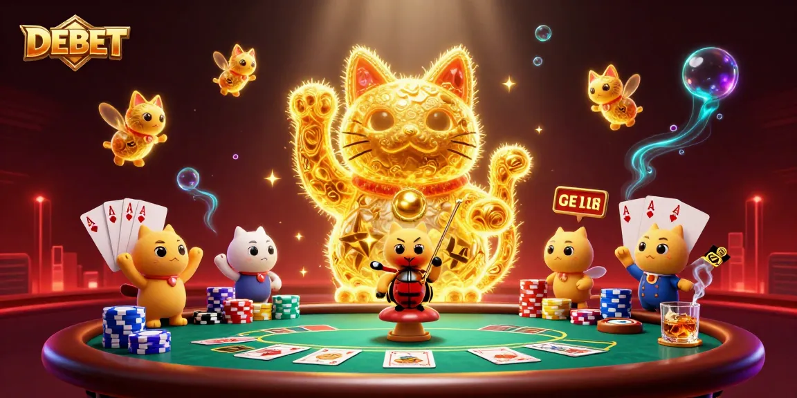 DEBET showcases a vibrant scene with a lucky cat and poker elements, maximizing casino excitement.