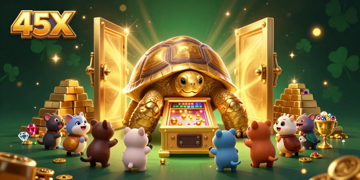 Experience the thrill of 45X with a dynamic illustration featuring a golden tortoise pinball machine.