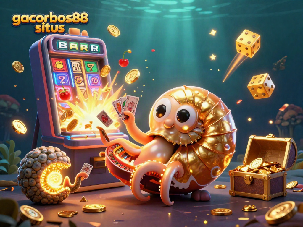 Experience the thrill of gacorbos88 situs with a vibrant casino-themed 3D illustration showcasing slots and roulette.