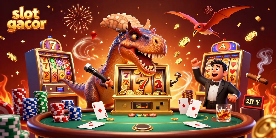 Slot gacor menampilkan pachycephalosaurus yang memukul mesin slot emas, menciptakan jackpot koin
