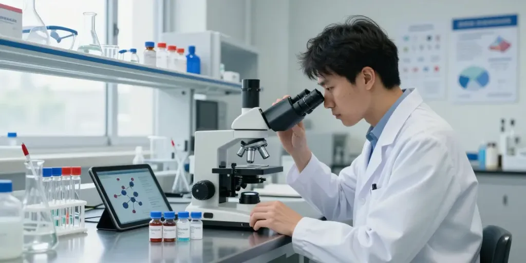 Scientist analyzing Healthy Peptides in a modern lab environment.