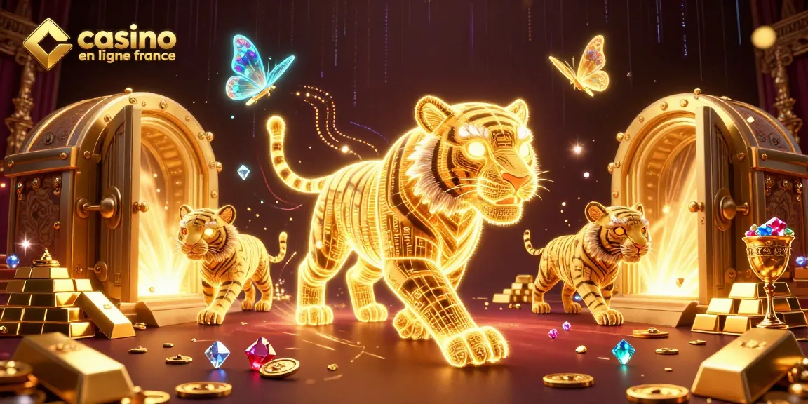 Immersion dans le casino en ligne France avec un tigre en fil de lumière et des joyaux scintillants.