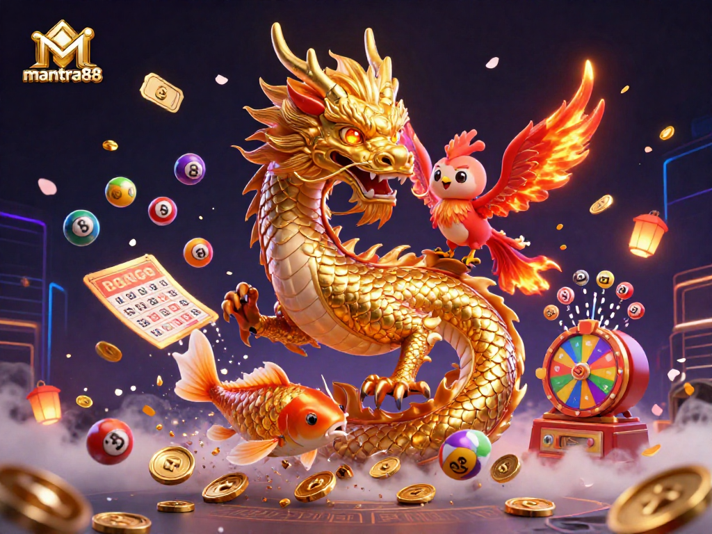 Engage with mantra88 in this vibrant 3D casino scene featuring thrilling lottery games and lucky symbols.