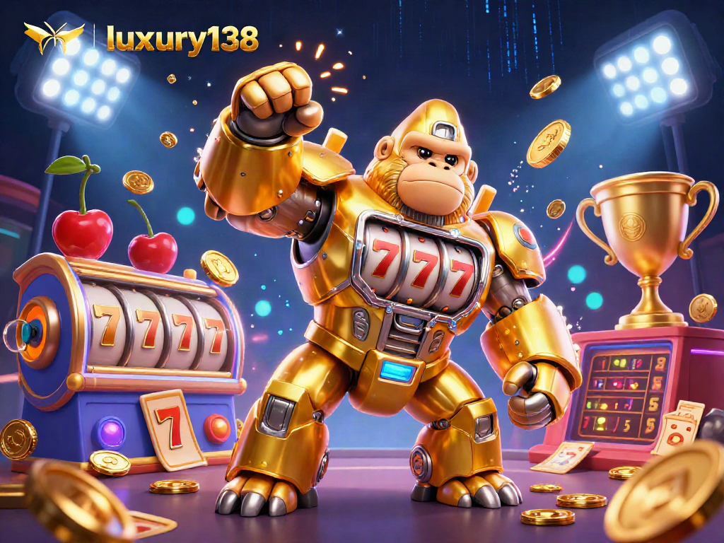 luxury138 menghadirkan ilustrasi kasino slot 3D dengan mesin slot dan karakter robot gorila emas.