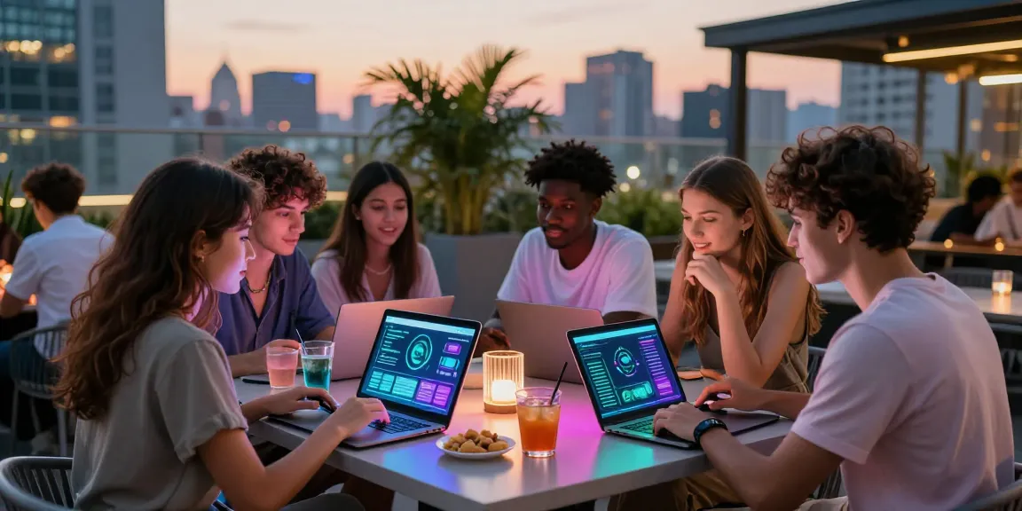 Friends engaging with AI 18+ technology at a lively rooftop gathering.