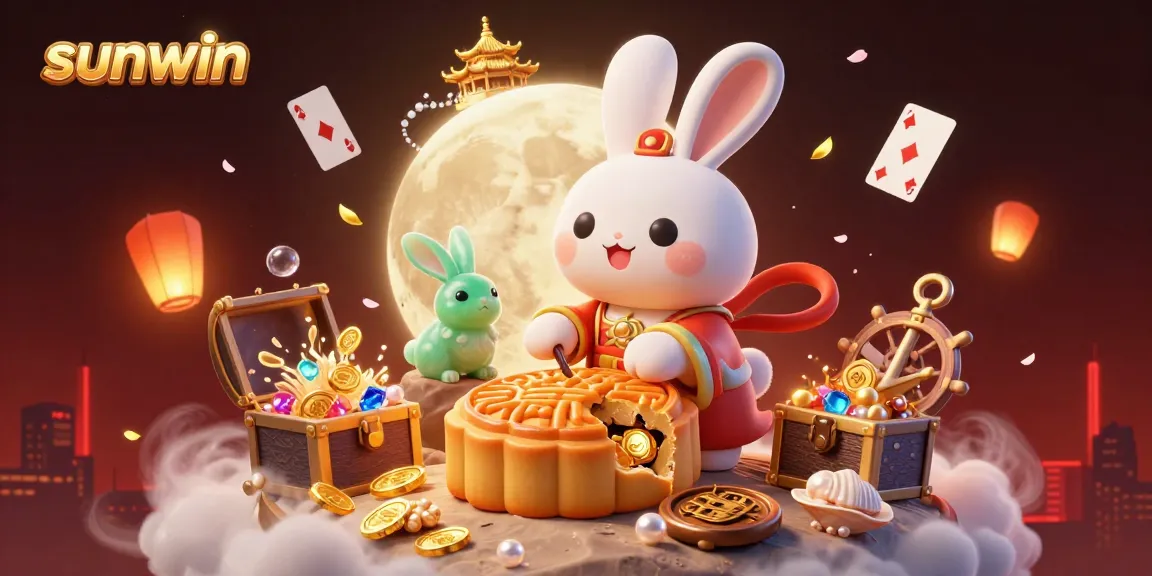 Experience playful gaming with Sunwin's vibrant moon rabbit scene showcasing poker chip mooncakes.