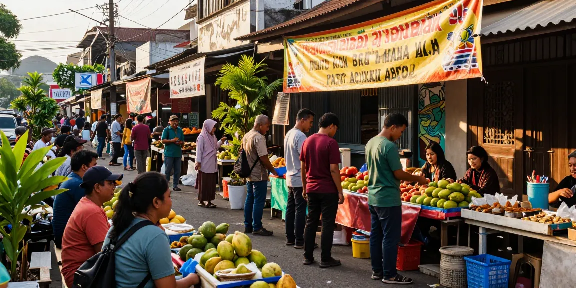 Pasar jalanan dengan berbagai produk dan buah segar, menggambarkan delapan toto dalam suasana yang meriah.