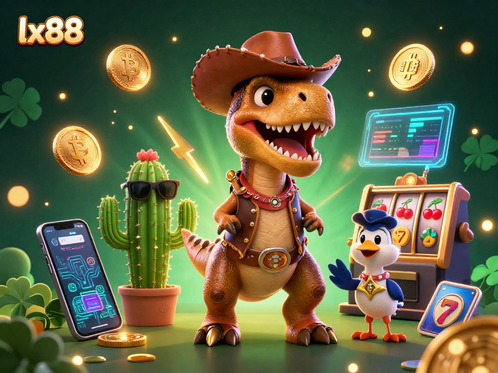 Engage with the innovative lx88 gaming experience featuring a cowboy dinosaur and cryptocurrency elements.