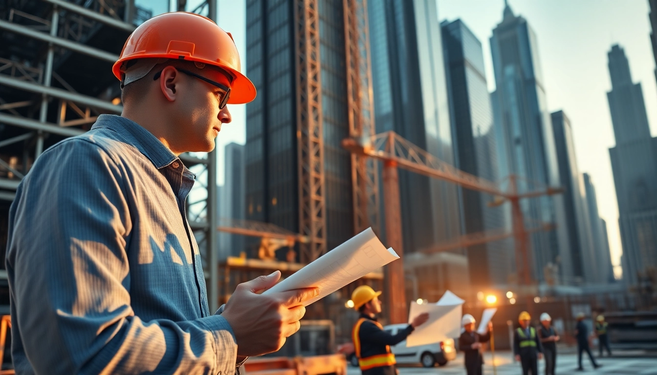 New York City Construction Manager supervising an active construction site with engineers and workers.