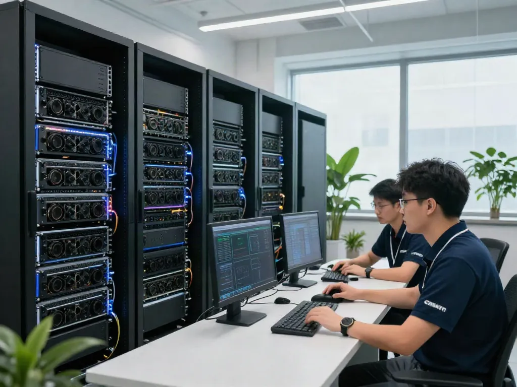 Technicians collaborating in a modern data center focused on GPU computing.
