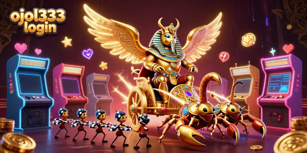 Win big with ojol333 login and vibrant casino-themed 3D digital artwork.