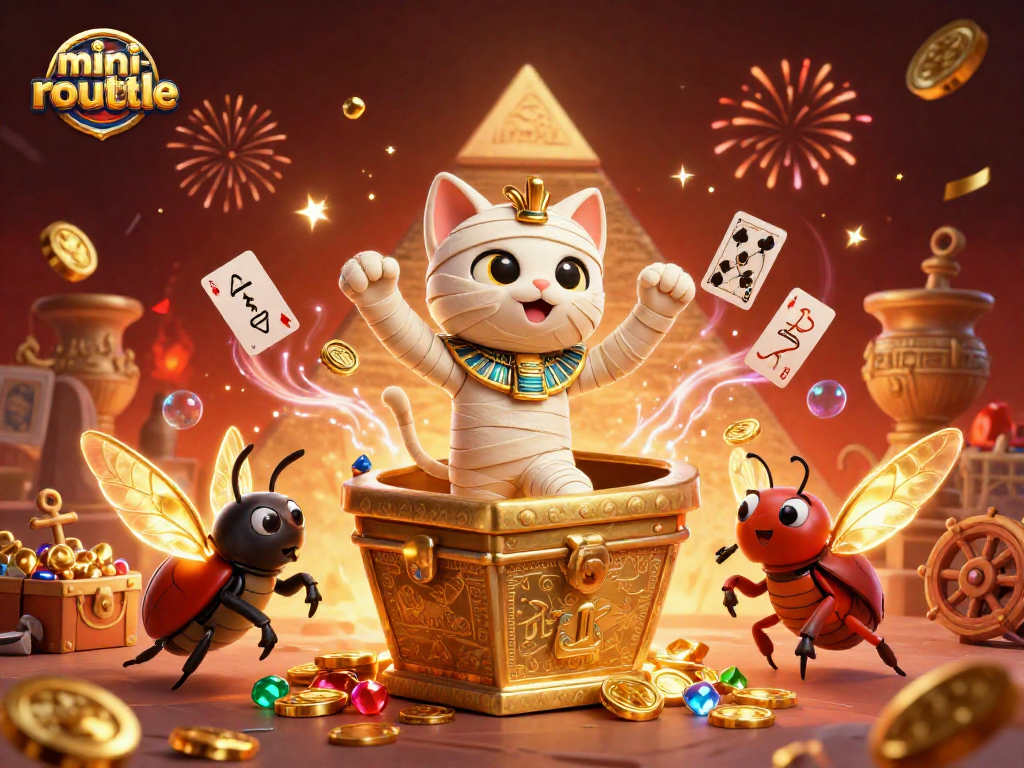 Experience the excitement of mini-roulette as a mummy cat bursts from a sarcophagus, surrounded by gold coins and magic.