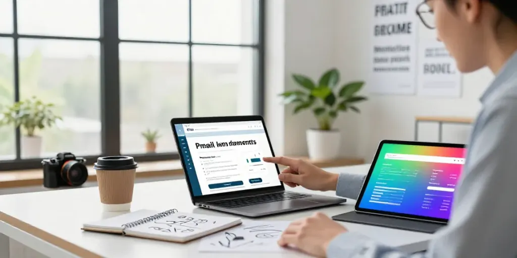 AI generated product promotion emails being crafted in a vibrant marketing workspace with engaging analytics and creative elements