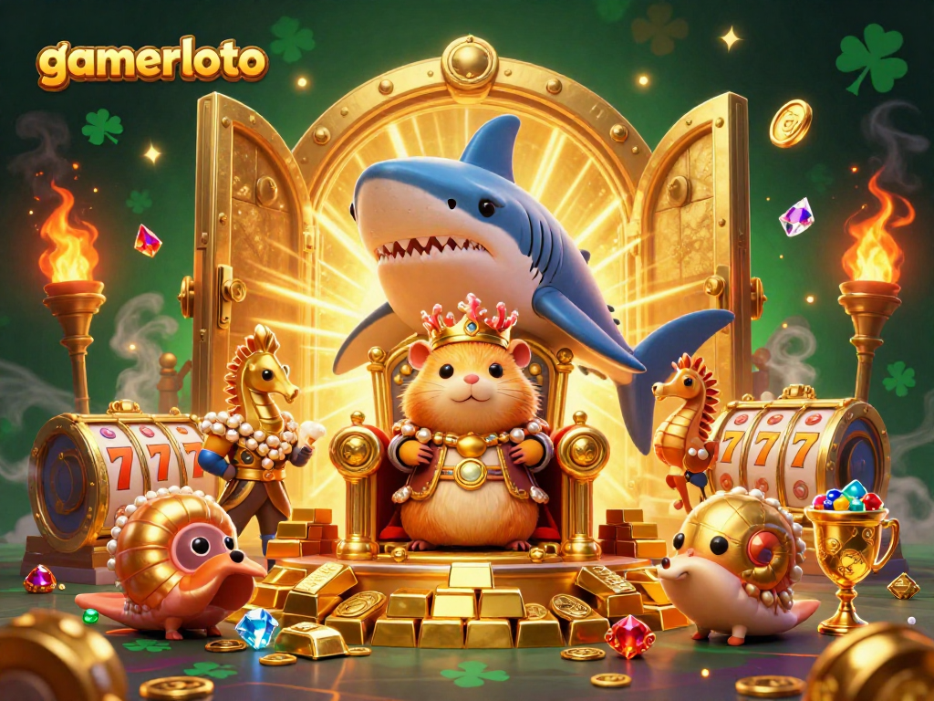 Experience the thrilling adventure of gamerloto with a majestic golden hamster king surrounded by treasures and vibrant slot reels.