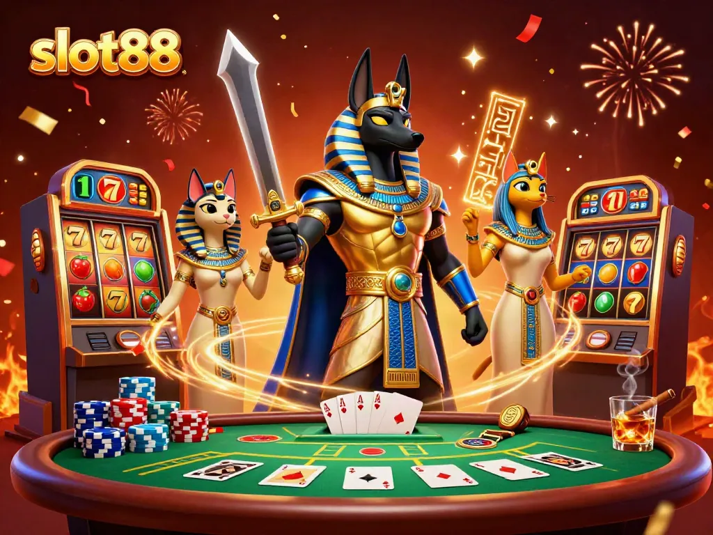 Experience thrilling slot88 gameplay and iconic symbols in a vibrant casino scene.