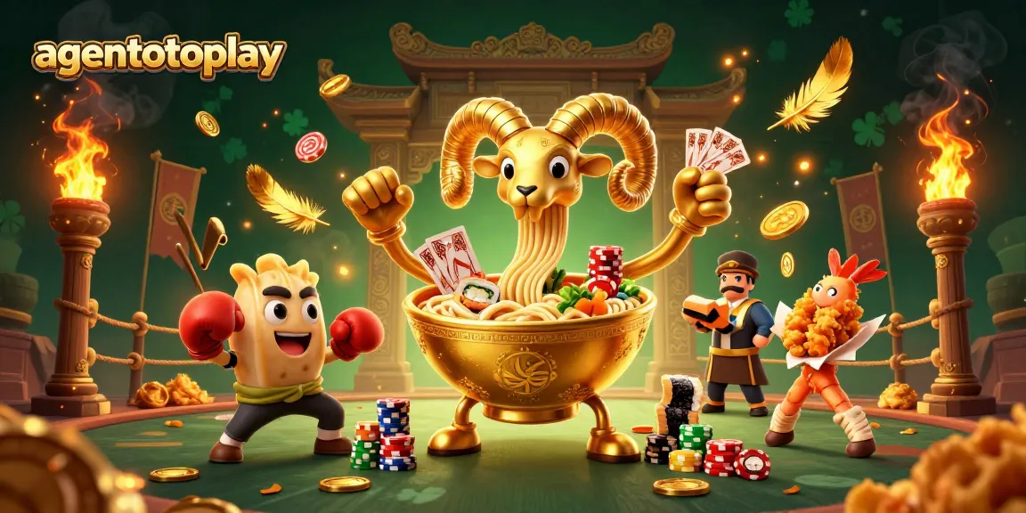 Gambar agentotoplay menampilkan karakter ramen emas dalam kasino, dengan efek visual yang menarik.