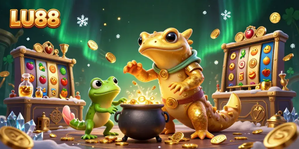 Experience the excitement of LU88 casino with golden elements, a frog alchemist, and dynamic slots.