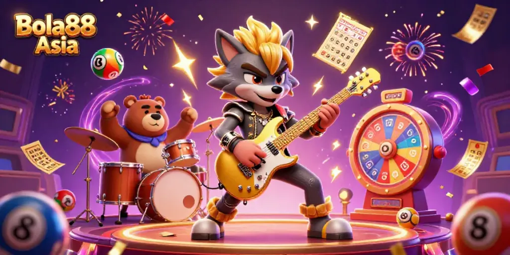 Bola88 Asia shows a lively casino scene with a rock star wolf playing guitar and a drummer bear, surrounded by colorful lottery balls.